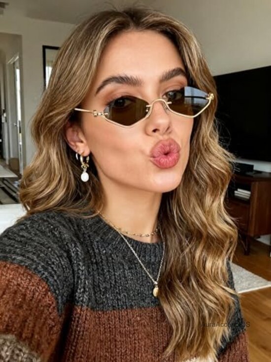 Retro Y2K Semi-Rimless Narrow Gold Sunglasses UV400 main image 6
